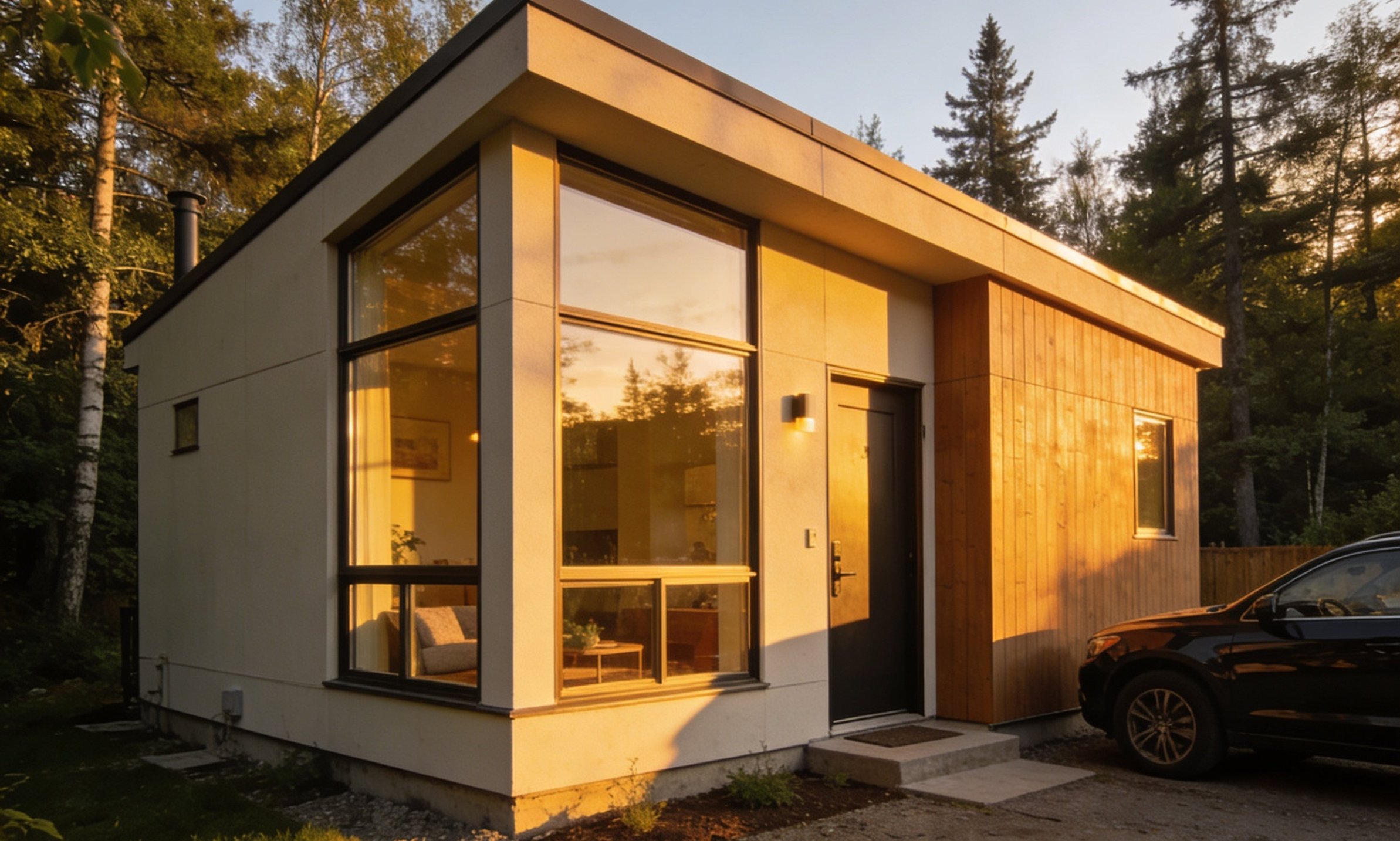Arcadia micro-structure with large glass windows set among birch trees at golden hour