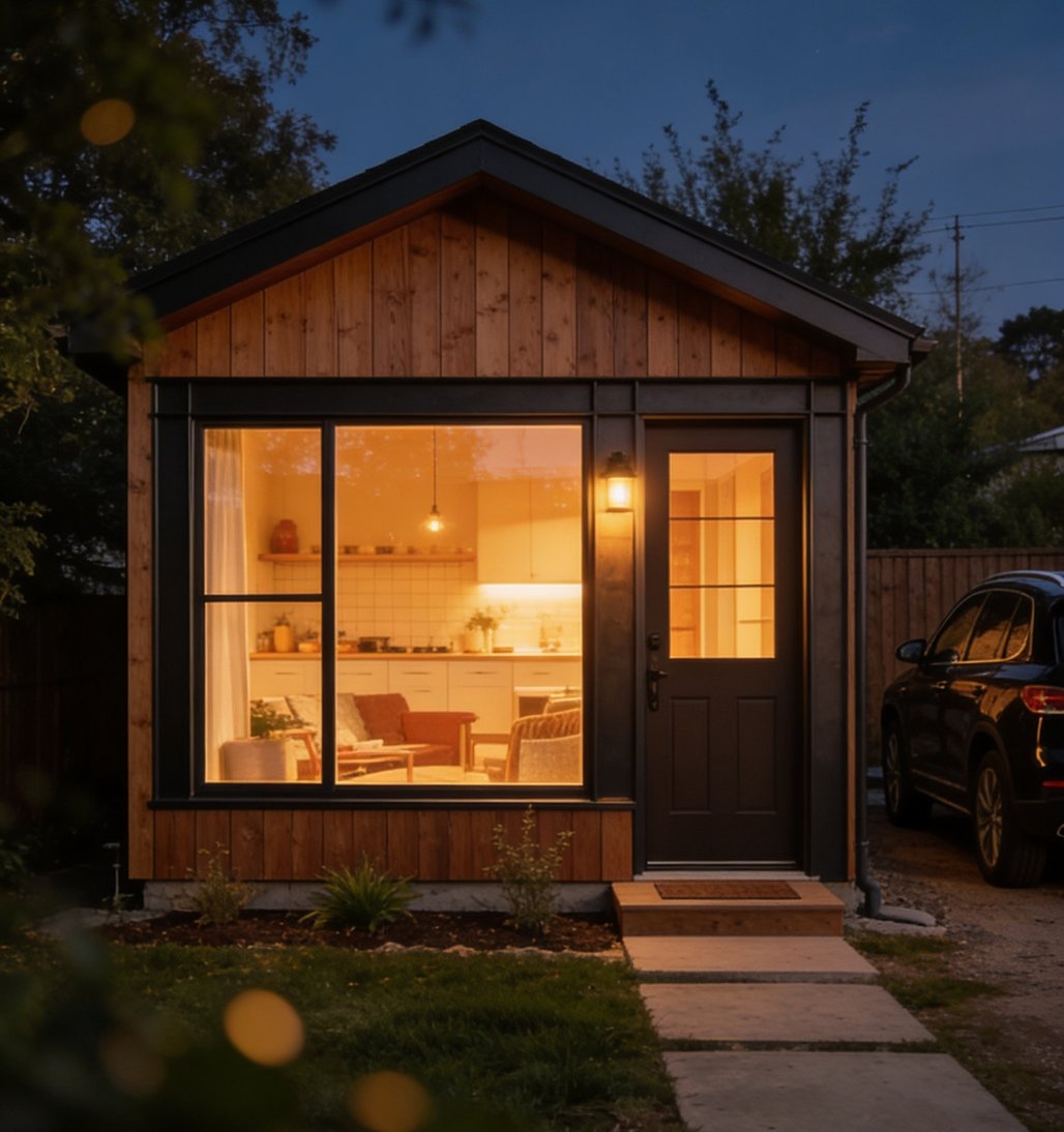 Cozy wood-clad Arcadia backyard studio glowing warmly at night with car in driveway