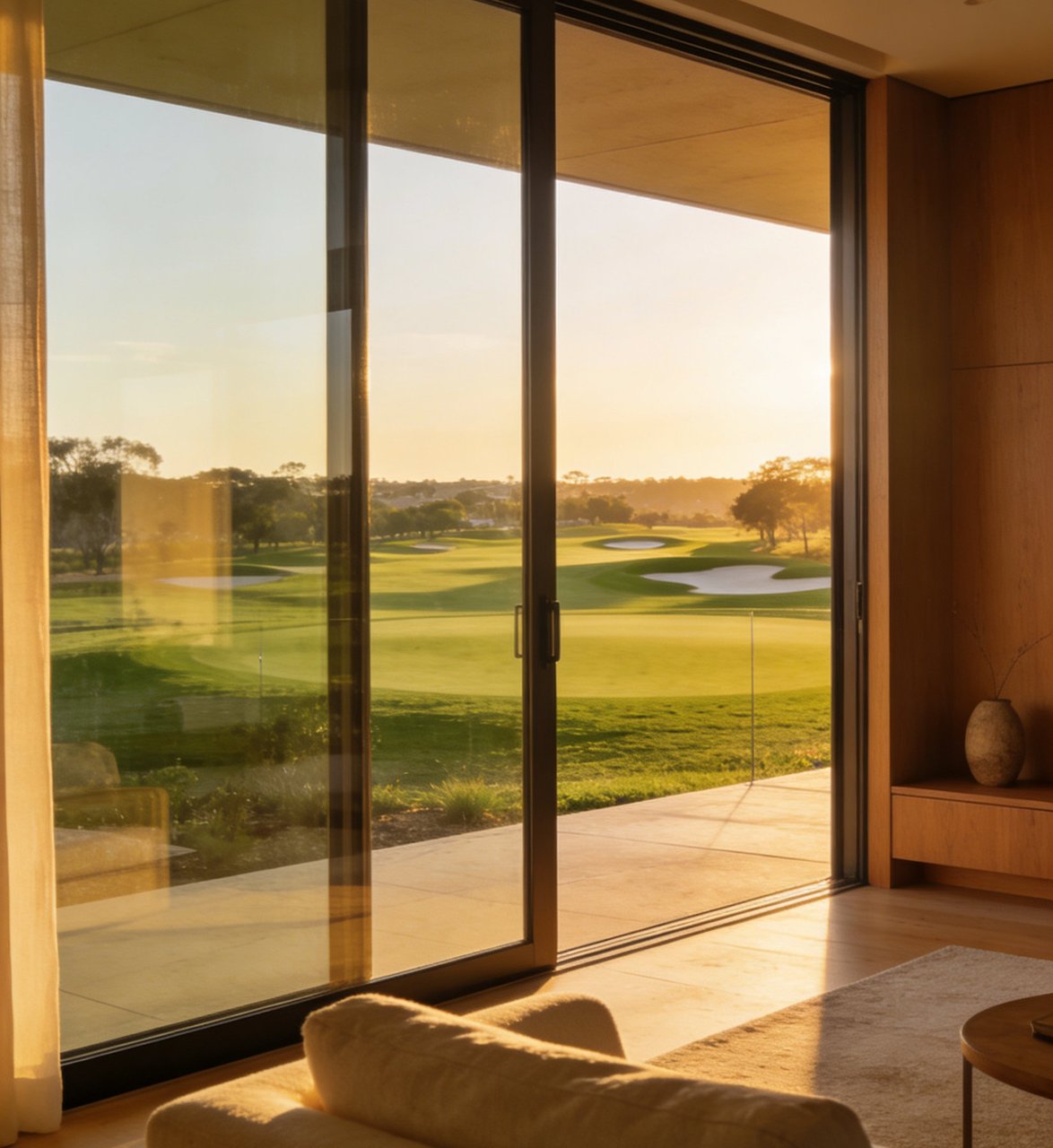 Arcadia hospitality unit on a golf course with guests enjoying the outdoor deck at sunset