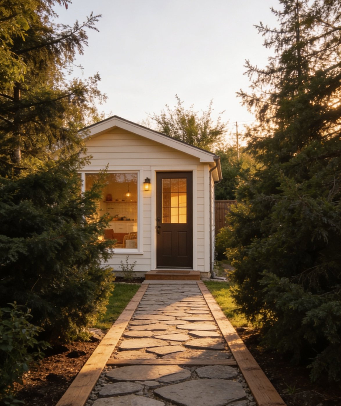 White traditional-style Arcadia micro-structure with stone pathway through trees at dusk